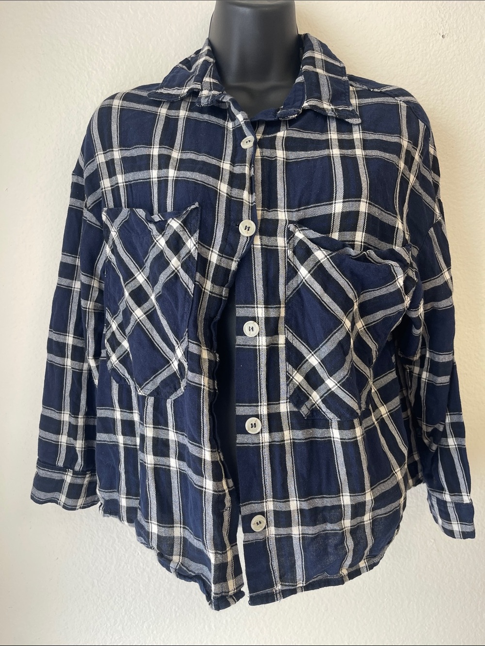 Papermoon Navy Blue and White Plaid Button-Down Shirt